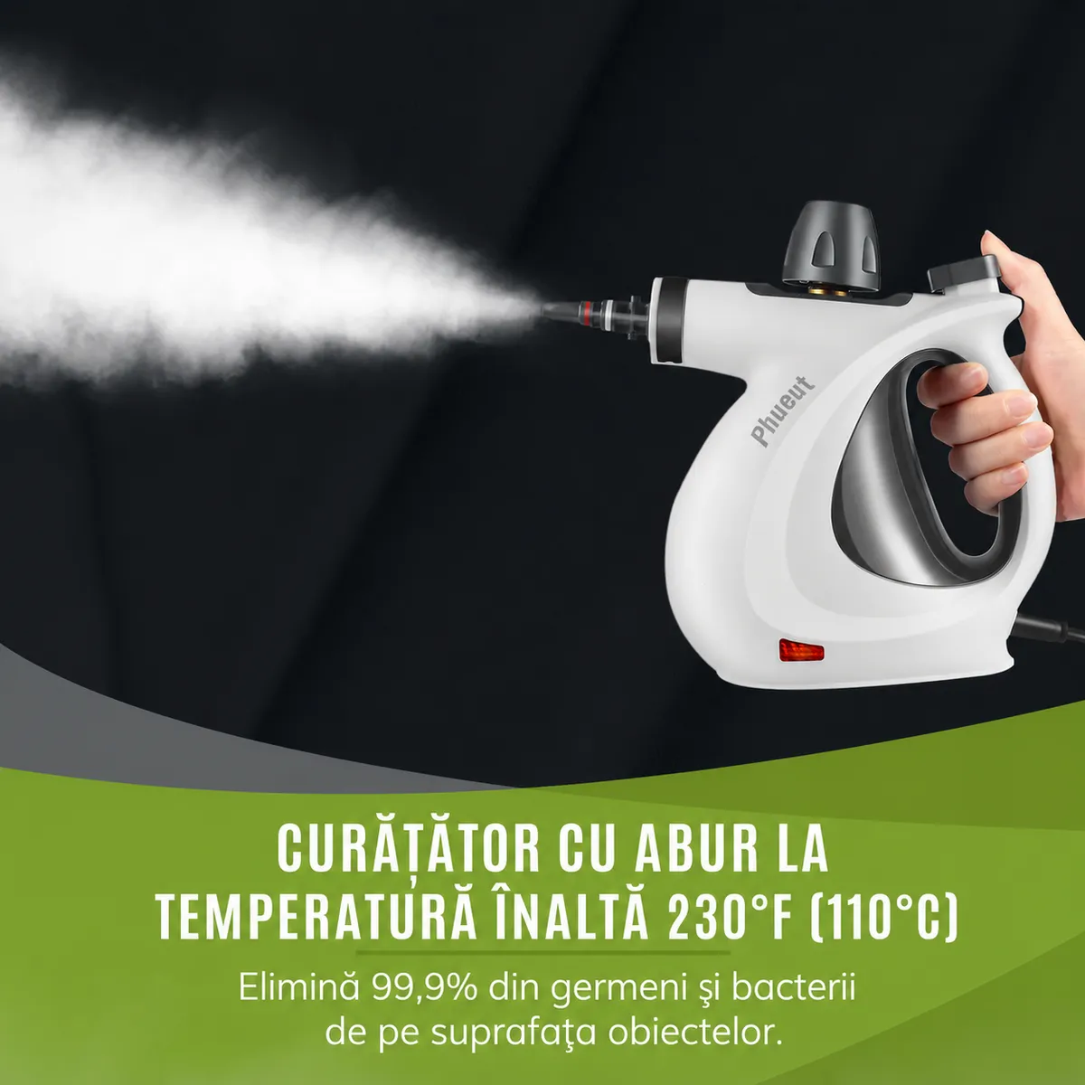 Curățător cu abur portabil — jet de abur la 110°C care elimină 99.9% din germeni