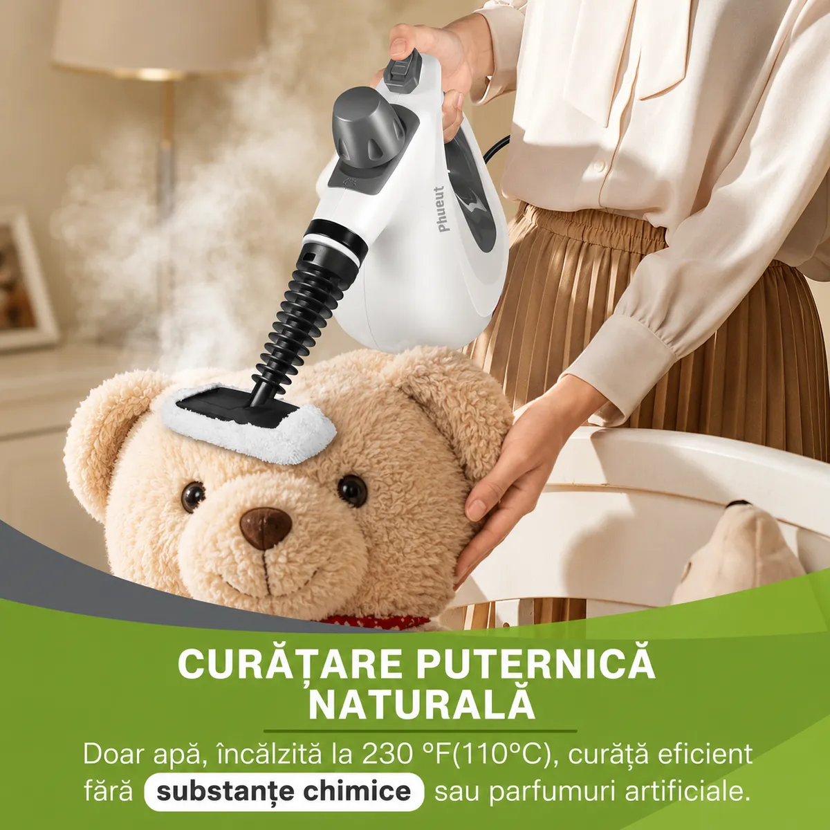 Curățare cu abur a unei jucării de pluș — fără chimicale