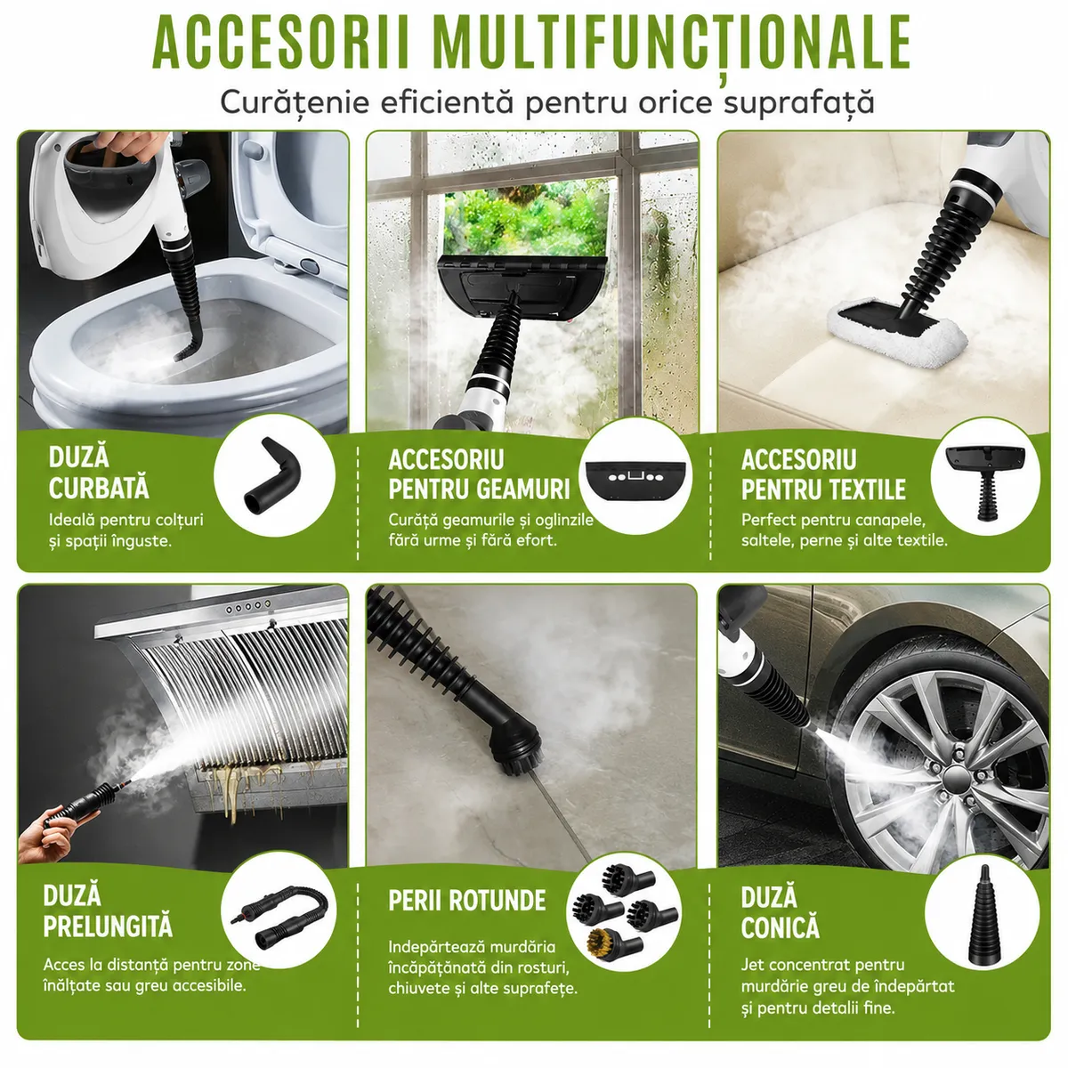 Accesoriile incluse și utilizările lor: WC, sticlă, textile, jante și altele